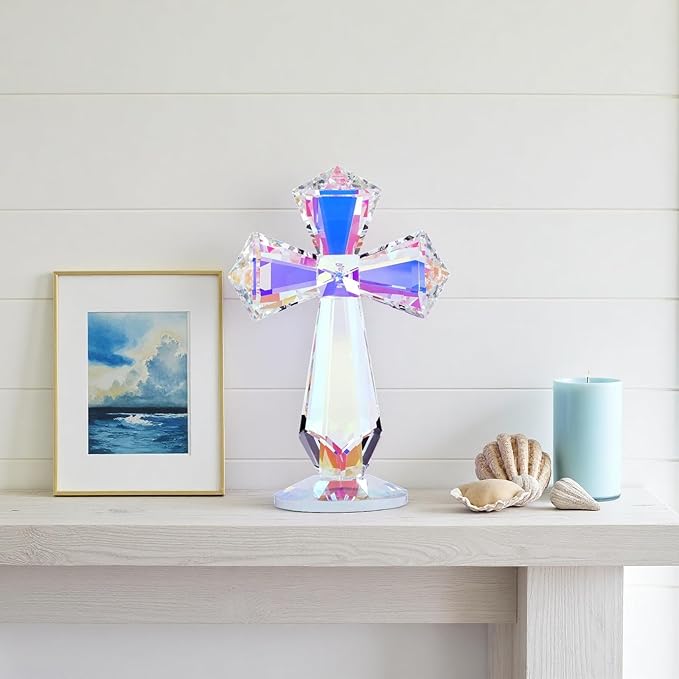 Crystal Glass Standing Cross Decor, Easter Christmas Decoration for Pary dad man，Religious Gifts for Women Men Father Mother, Handmade Glass Holy Collectible Figurines (Multicolor Crystal Cross)