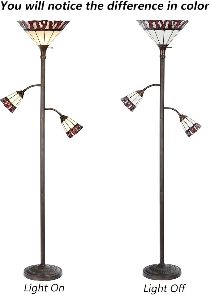 Bieye L10838 Fire Flame Tiffany Style Stained Glass Torchiere Floor Lamp with Sidelights for Reading, 70-inches Tall (Flame, Red)