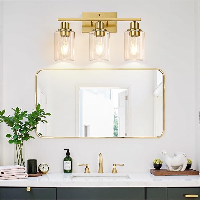 3-Light Vanity Lights with Clear Glass Shades, Brushed Gold Bathroom Light Fixtures Over Mirror, Modern Bathroom Wall Lamp for Mirror Living Room Cabinet Bedroom Porch