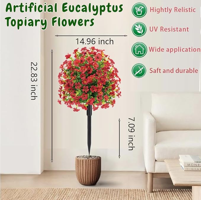 22.8" Set of 2 Fall Artificial Boxwood Topiary Ball with Spikes,UV Resistant Fake Outdoor shrubs with Violet Flowers, Realistic Faux Plants Bushes for Garden Front Porch Yard Patio Decor(Red)