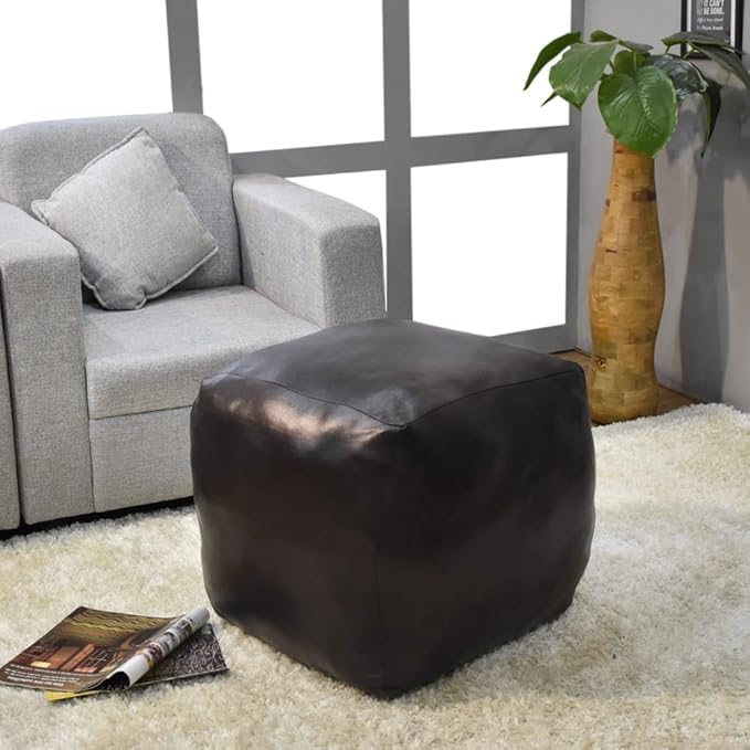Square Shaped Goat Leather Handmade Eco-Friendly Black Pouf - 18" x 18" x 18", Plain Solid, Recycled Cotton Filled Stuffed Seating PF12