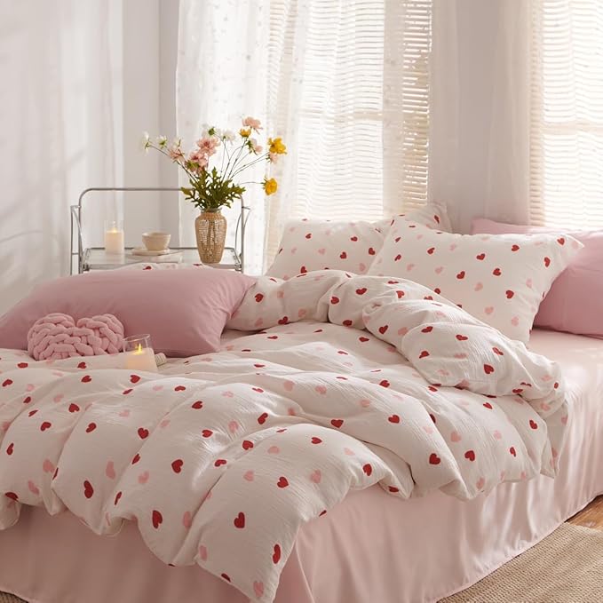 Girls Comforter Set Twin Size - 2 Pieces Red Pink Heart Comforter Bedding Sets for Kids,Twin Bed in a Bag with Heart Comforter and 1 Pillowcase