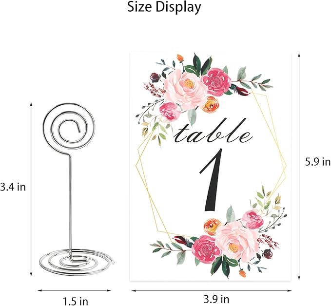 26 PCS Table Number Holder - Table Card Holder Stand Wire Photo Holder with 26 Pcs Floral Table Number Cards, Place Card Holder Stand for Weddings Party Office Paper Memo Menu Note Clips