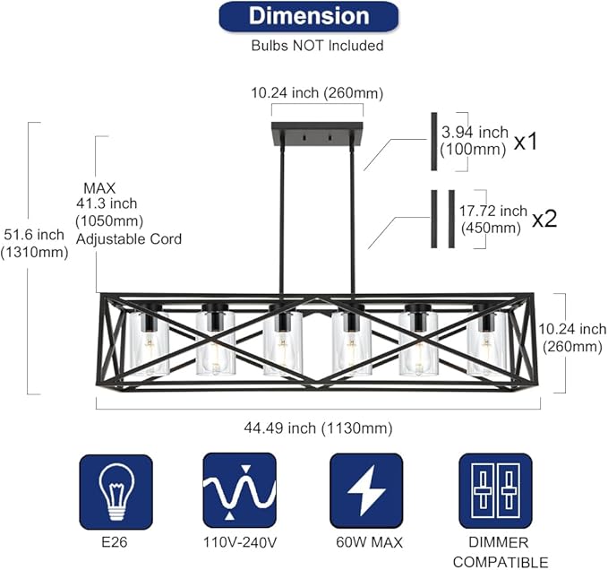 TODOLUZ 6-Lights Farmhouse Chandelier Black Dining Room Light Fixtures, 45.28" Contemporary Rectangle Kitchen Island Lighting with Clear Glass Shade