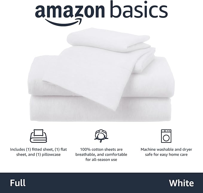 Amazon Basics 4 Piece Bed Sheet Set, 100% Cotton Jersey, Includes Super Soft, Flat and Fitted Sheets, Pillowcase, Full, White, Solid