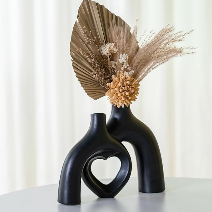 Hug Snuggle Hollow Donut Ceramic Vases, 9 Inch Modern Nordic Minimalist Decorative Vase for Home Decor Table Centerpiece Bookshelf Office Entryway Aesthetic Decoration (Matte Black)