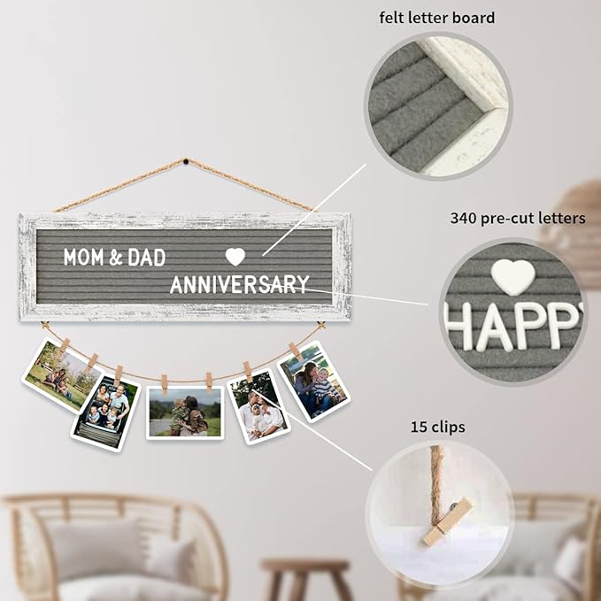 Picture Frames Hanging Display Wooden Board, Felt Letter Board with 340 Letters and 15 Clips, Photo Frames Collage Wall Decor for Family Birthday Mothers Day Party Gifts