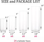 Glass Hurricane Candle Holder Esmiome - Cylinder Vases for Centerpieces 6 Sets (24Pcs) Hurricane Floating Candle Holder, Glass Vases for Flowers, Decorative for Home Wedding, 4''+6''+8'+10''(High)