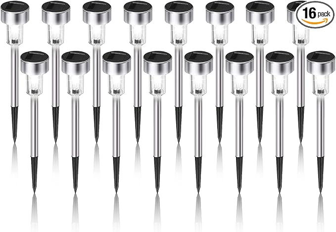 Solar Lights Outdoor Waterproof, Stainless Steel LED Landscape Lighting, Solar Garden Lights Solar Powered, Outdoor Solar Lights for Yard, Pathway, Walkway, Patio , Lawn - 16 Pack ( Cold White )