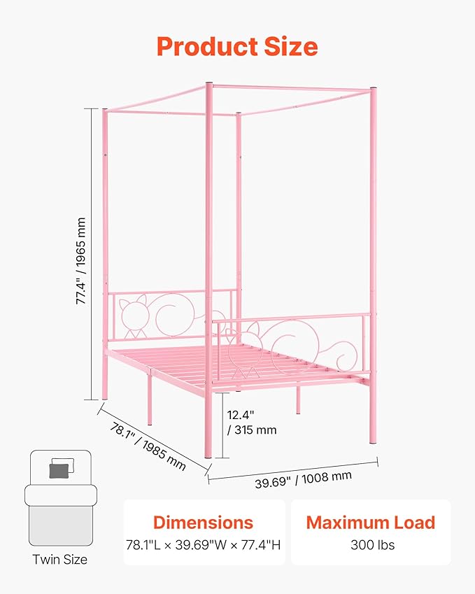 VEVOR Canopy Bed Frame Twin Size, Metal Canopy Bed with Minimalist Headboard & Four Posters Design, Heavy Duty Steel Slats Support, Underbed Storage Space, No Box Spring Needed, Easy Assembly, Pink