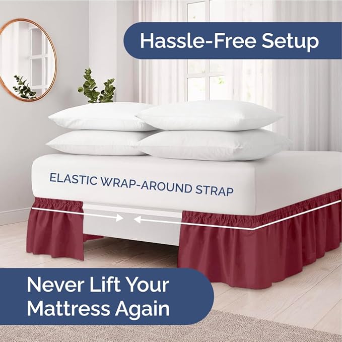 Wrap Around Dust Ruffle Bed Skirt - Burgundy - for Queen Size Beds with 21 Inch Drop - Elastic Strap - Adjustable Pleated Bedskirt with Brushed Fabric and Wrinkle Free - for Women, Men, Kids & Teens
