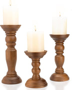Rustic Wooden Pillar Candle Holders Set of 3, 12'' 9'' 6'' Farmhouse Wood Candle Stand for Table Centerpieces, Vintage Tall Candleholders Fireplace Mantel Decor for Living Room, Brown