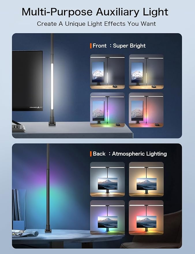 LED Desk Lamp with Clamp,Architect Desk Lamp for Home Office,24W Ultra Bright with RGB Atmosphere Lighting,Remote Control,5 Color Modes & 5 Dimmable Eye Protection for Monitor Studio Reading
