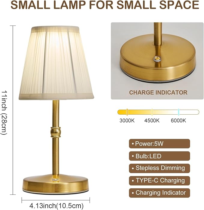 3000mah Battery Powered Lamp for Home,Small Cordless Lamps Rechargeable,3 Color Temperature 5W LED Touch Lamp Battery Operated Table Lights,Wireless Lamps for Tables,Kitchen,Living Room (Gold,H11”)