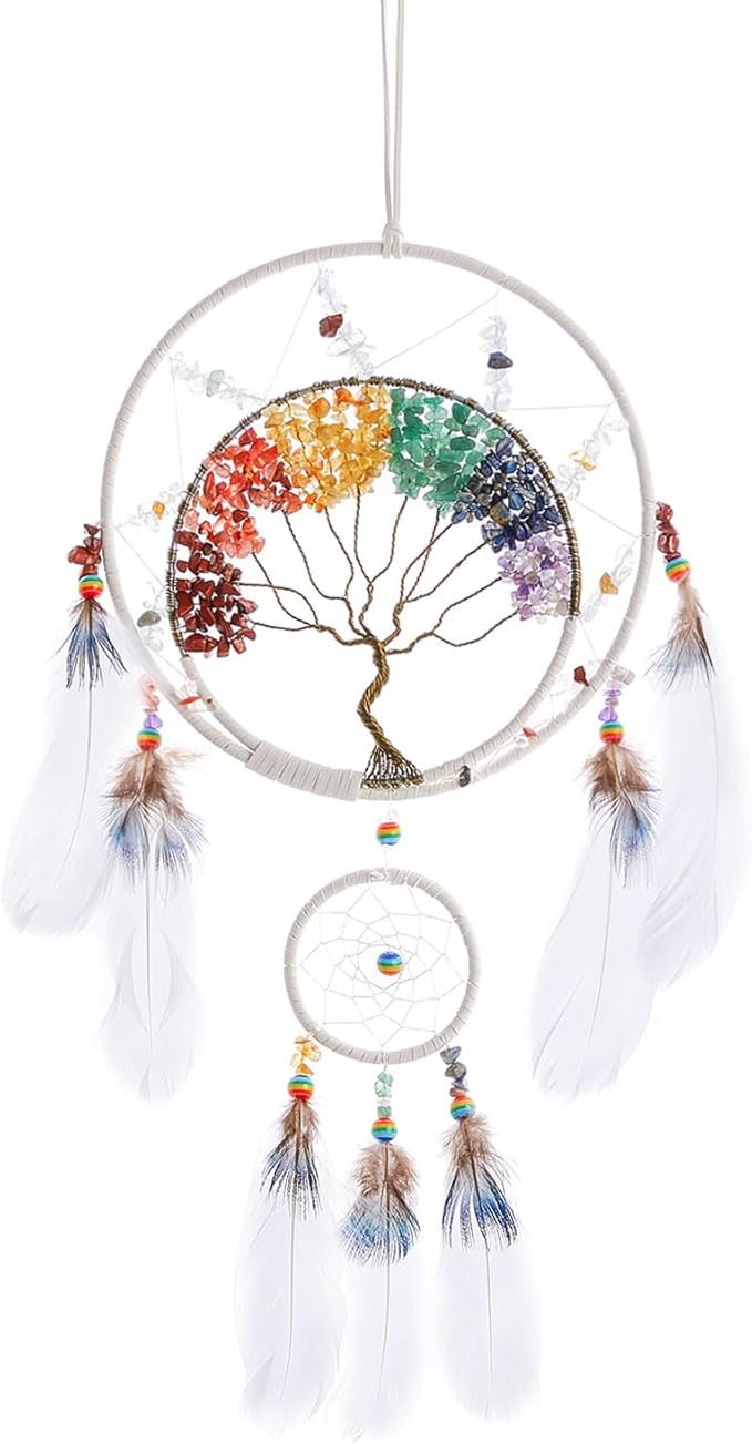 7 Chakras Tree of Life Dream Catcher Wall Decor with Rainbow Healing Crystal Stone Handmade White Feather DreamCatchers Wall Hanging Ornaments for Bedroom Home Decor Blessing Gift Wedding Party-23.6"