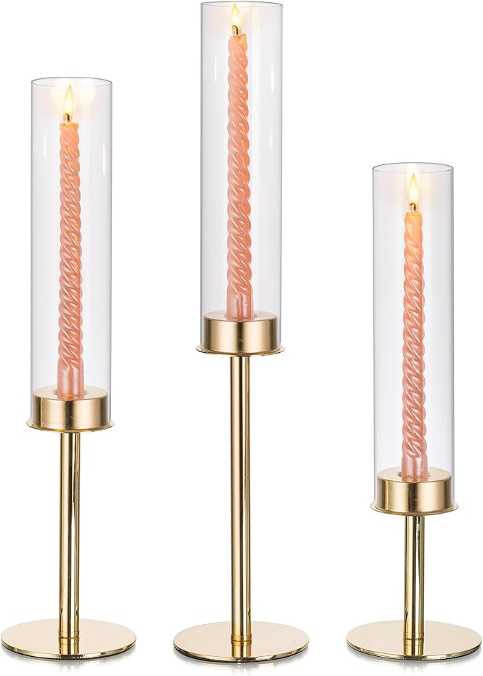 Glasseam Hurricane Candle Holders - Gold Glass Cylinder Taper Candlesticks Set of 3 - Modern Tall Table Centerpiece Wedding