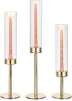 Glasseam Hurricane Candle Holders - Gold Glass Cylinder Taper Candlesticks Set of 3 - Modern Tall Table Centerpiece Wedding