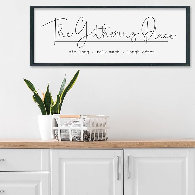 SRSZHIYUE The Gathering Place Sign Wall Decor Art 32"×12" for Large Kitchen Dining Room Wood Framed Wall Hanging (Black)