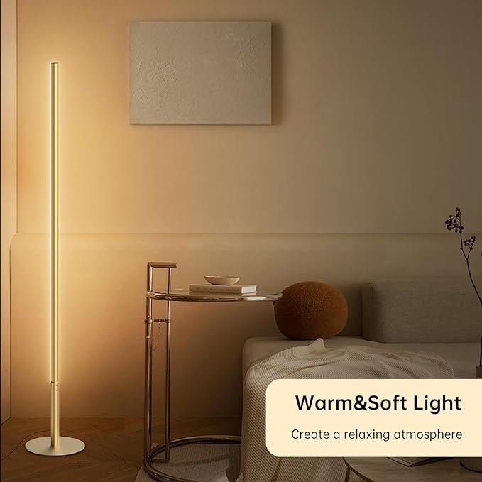 Marlrin Minimalist Corner Floor Lamp 2700K-6500K Dimmable with Remote Control 57.8" Height Metal Slim Ambient Standing LED Light Modern Design Decorative Lamp for Living Room Bedroom (Gold)