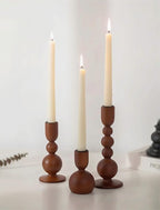 NUPTIO Candlestick Holders for Home Decor: Set of 3 Wood Taper Candle Holders for Thanksgiving Table Centerpieces - Mid Century Modern Caramel