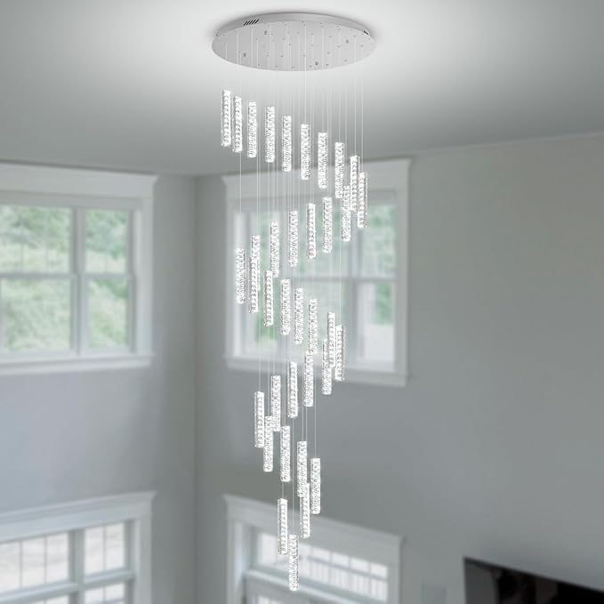 150 Inches Long Crystal Chandelier Large Spiral Stair Chandeliers for High Ceilings Foyer Entryway Flush Mount Ceiling Lights 36-Light Silver LED Dimmbale