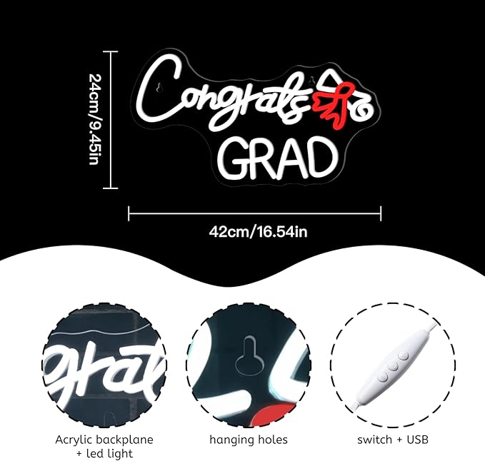 WLHOPE Congrats Grad Neon Sign with Scroll 16.54'' x 9.45'' Graduation Decorations 2025 Adjustable White Red LED lights for Party College High School Class Graduation Gifts