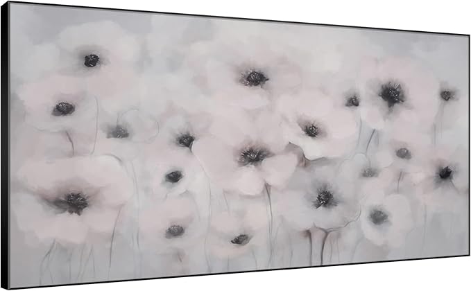 24"x46" Extra Large Framed Wall Art Soft White Poppies Watercolor Floral, Delicate Botanical for Home Living Room Bedroom Decor (Frame Assembly Required)