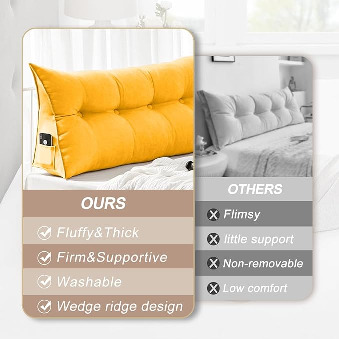 Large Triangular Headboard Pillows Long Backrest Positioning Support Bolster Cushion for Daybed Fluffy Quality Plush Body Wedge Pillow with Removable Cover(Light yellow-Queen-59x8x20in)