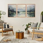 Aurlan Emerald Green Mountain Lake Landscape Framed Wall Art(16"x24"), 3PCS Abstract Forest Nature Canvas Artwork, Large Minimalist Watercolor Modern Pine Trees Scenery Decor for Office Home