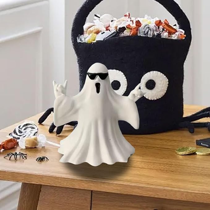 1 Pcs Halloween Ghost Figurine Cute Ghost Decor,with Sunglasses Design Funny Rock Spooky Resin Statue Cool Gestures Cute Sculpture for Halloween Tabletop Porch Party Decoration