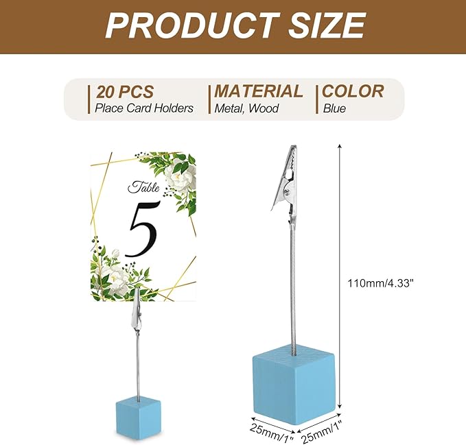 PATIKIL Place Card Holder, 20Pcs Memo Clip Holder Stand with Alligator Clasp Table Number Holders Wooden Base for Pictures Note Card Paper, Light Blue