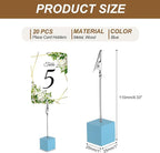 PATIKIL Place Card Holder, 20Pcs Memo Clip Holder Stand with Alligator Clasp Table Number Holders Wooden Base for Pictures Note Card Paper, Light Blue