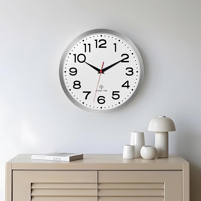 Atomic Wall Clock 10 Inch, Modern Clock Battery Operated Classic Analog Decorative for Kitchen, Living Room, Office, Bedroom, Bathroom (Silver)