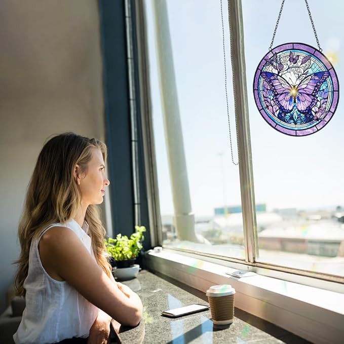 Butterfly Suncatcher Stained Glass Window Hanging - 8” Handmade Stained Glass Suncatchers for Windows Hanging - Sun Catchers Indoor Wall Art Garden Decor Catcher with Hook - Butterfly Gift for Women