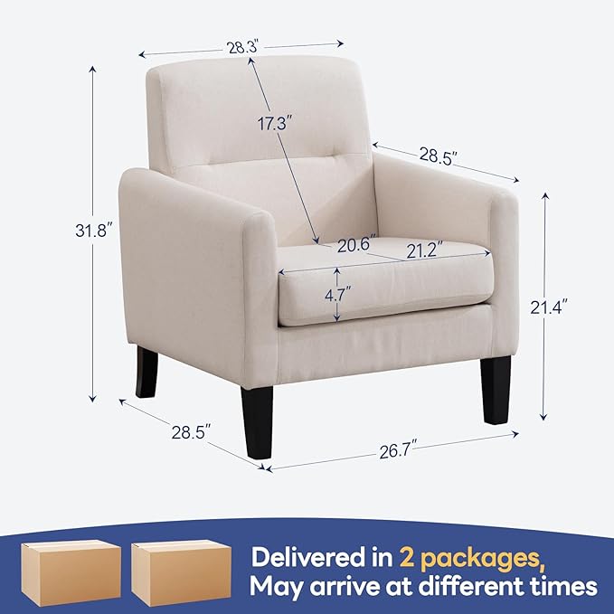 Accent Chairs Set of 2, Mid Century Modern Living Room Chairs Comfy Reading Chair with Upholstered Cushion Relax Armchair for Bedroom Apartment,Office,Begie