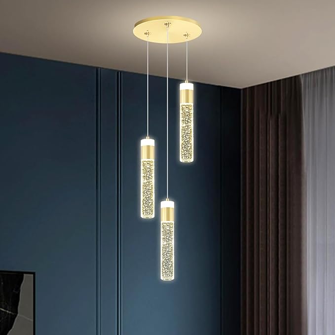Dimmable 3-Light Pendant Lights Kitchen Island Crystal Hanging Light Modern Ceiling Light for Dinning Room Living Room 24W Gold