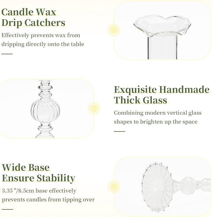 Glasseam Glass Tapered Candlestick Holders: Set of 3 Clear Candle Sticks Holder Decor with Bobeche Modern Ribbed Taper Candle Holders for Table Centerpiece Christmas Wedding Home Decorations