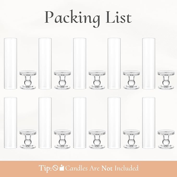 Hurricane Glass Taper Candle Holder: 10pc Tall Hurricane Candle Holders for Home, Clear Tapered Candlestick Holders with Open Ended Glass Sleeve Candle Stick Holders for Table Centerpieces