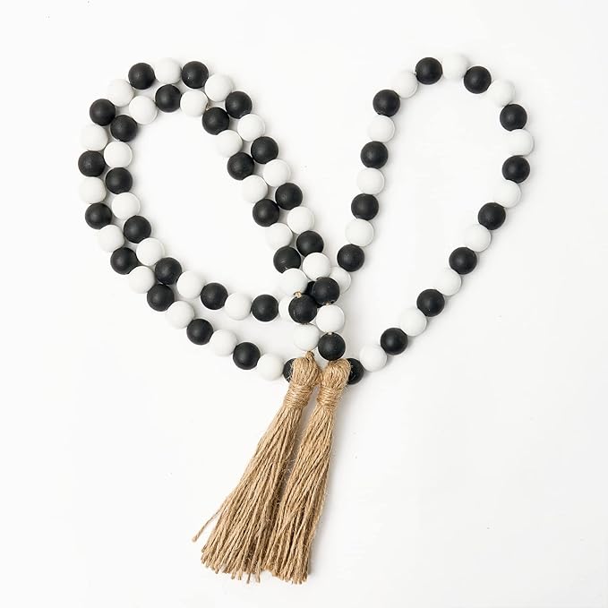 OMISHE 59in Wood Bead Garland with Tassels, Wooden Decorative Beads for Wall and Tabletop, Farmhouse Beads Garland for Home Decor, Black and White