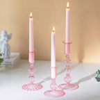 Glasseam Tapered Candlestick Holders Pink: Set of 3 Glass Candle Sticks Holder Decor with Bobeche Modern Ribbed Taper Candle Holders for Table Centerpiece Valentines Wedding Home Decorations