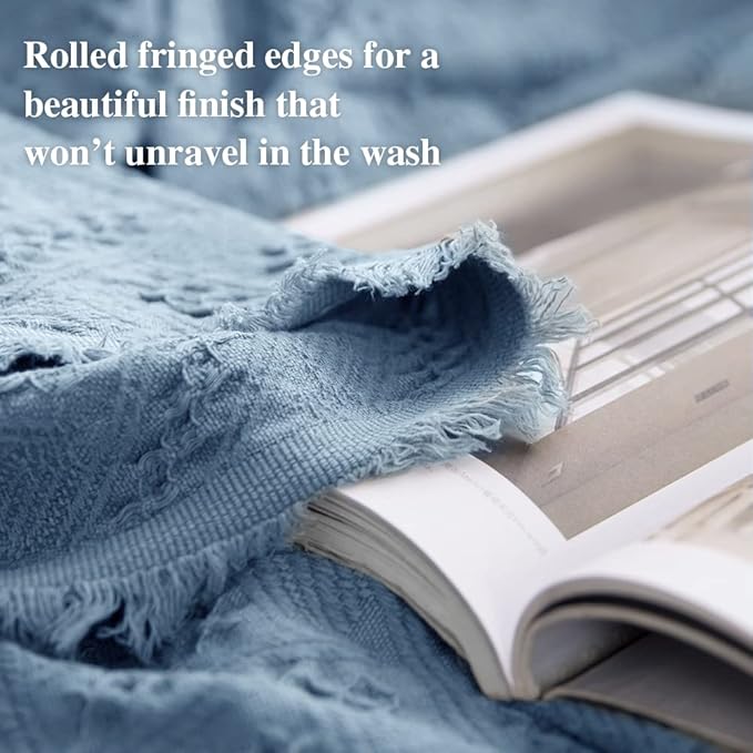 Simple&Opulence 100% Cotton Throw Blanket for Bed, Couch, Boho Luxury Geometric Knit Woven Blanket with Tassels Soft Lightweight Cozy Breathable, Vintage Farmhouse Decoration for All-Season(Blue)