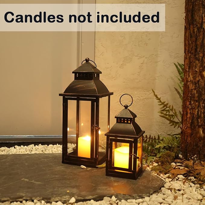 NEEDOMO Lanterns Decorative Outdoor&Indoor, Set of 2 Large Bronze Metal Lantern Decor with Glass, Candle Holder for Porch, Patio, Garden, Balcony, Wedding, Table Centerpiece Decorations