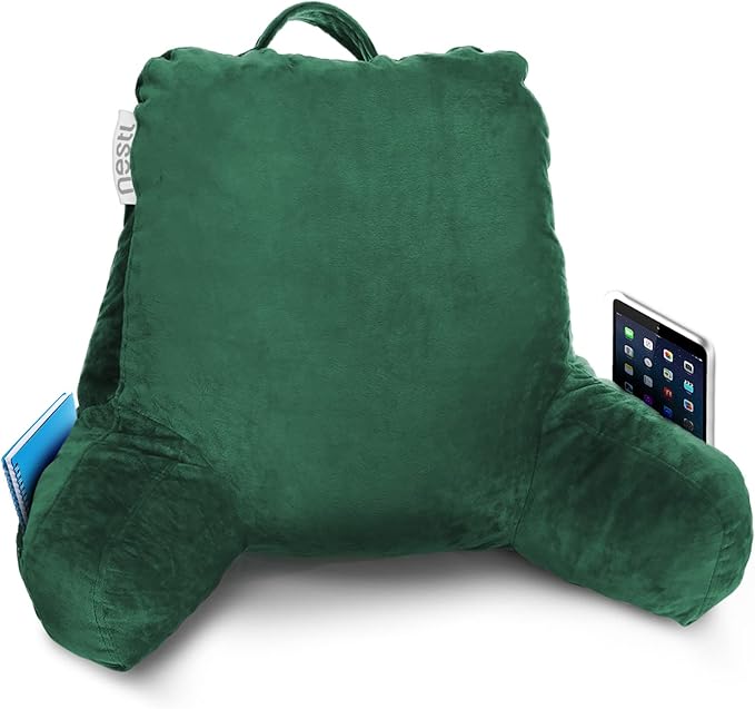 Nestl Reading Pillow Standard Bed Pillow, Back Pillow for Sitting in Bed Shredded Memory Foam Chair Pillow, Reading & Bed Rest Pillows Dark Green Back Pillow for Bed, Bed Chair Arm Pillow with Pockets