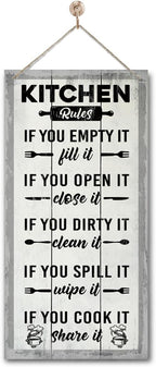 Hanging Kitchen Rules Wood Decor Sign, Rustic Kitchen Wooden Signs, Printed Wood Wall Art Sign, Kitchen Door Rules Rustic Sign, Hanging Wood Sign Kitchen Decor, Funny Farmhouse Kitchen Wall Décor J1