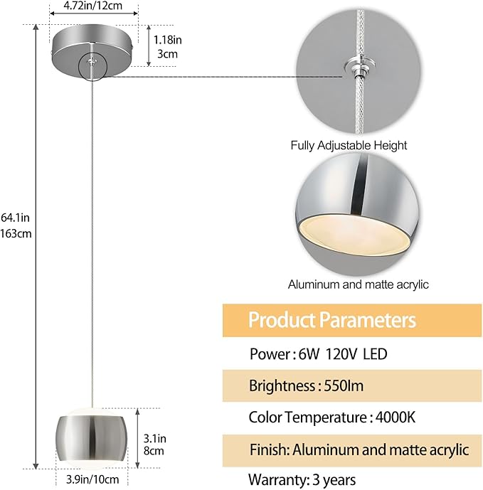Modern LED Dimmable Pendant Light fixtures,Mini Island Pendant Lighting for Kitchen Island Dinning Room,Bedroom,Bar, Kitchen Island Ceiling Hanging Light Fixtures(Chrome-1-Pack)