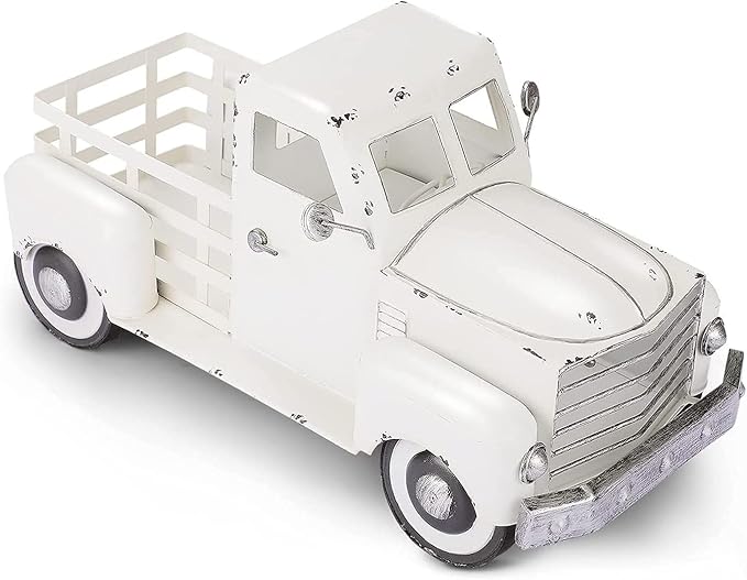Metal Truck Decor,Farmhouse Truck Decor,Decorative Tabletop Storage & Pick-up Metal Truck Planter, 12.5" x 5.75" x 6.25" inches (White)