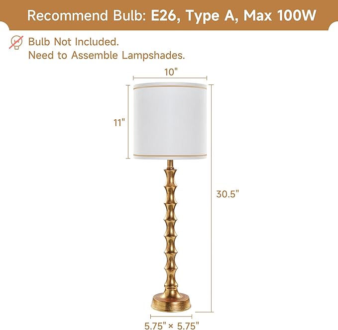 30.5" Buffet Lamps Set of 2 for Living Room, Buffet Lamps for Dining Room, Gold Lamp Set of 2 for Credenza, Modern Golden Table Lamp Tall Skinny, Gold Bamboo Candlestick Lampset for Bedroom