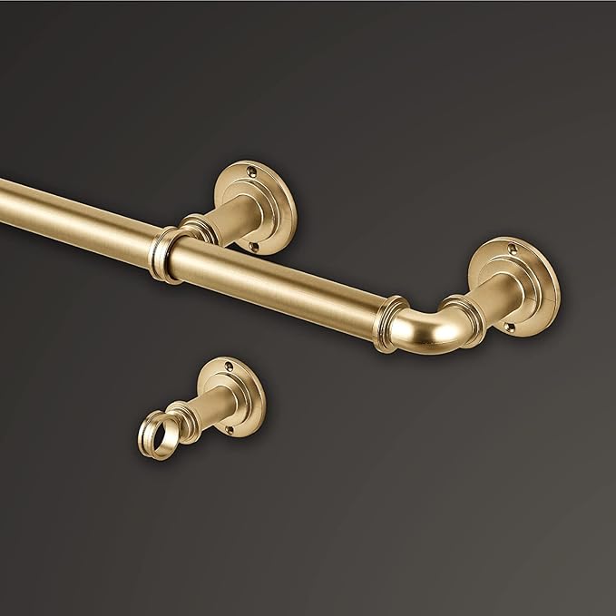 MODE Industrial Room Darkening Collection 1 1/8" Diameter Industrial Curtain Rod Set with Steel Wall Mounted Adjustable Curtain Rod, Blocks Light, Fits 36” to 72” Windows, Brushed Gold