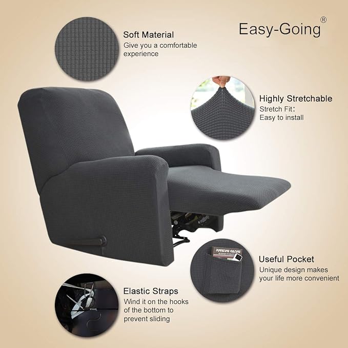 Easy-Going Recliner Stretch Sofa Slipcover Sofa Cover 4-Pieces Furniture Protector Couch Soft with Elastic Bottom, Spandex Jacquard Fabric Small Checks(Recliner,Dark Gray)