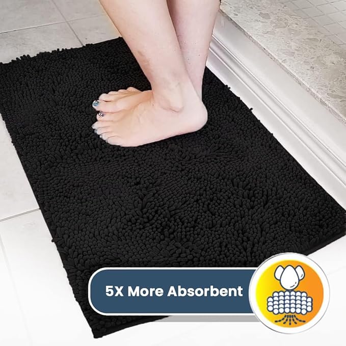 Muddy Mat® 4-Piece Black Medium 30"X19" AS-SEEN-ON-TV Highly Absorbent Microfiber Door Mat, Bath Mat and Pet Rug, Non Slip Thick Washable, Soft Chenille for Kitchen Bathroom Bedroom Indoor and Outdoor